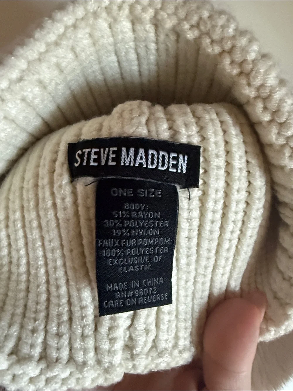 Steve Madden Cream Knit Beanie with Brown Pom